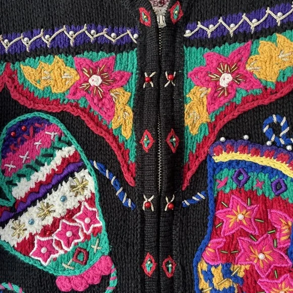 Vintage Belle Pointe Ugly Christmas Sweater Beaded Embroidered Colorful Sz Small - Picture 8 of 16